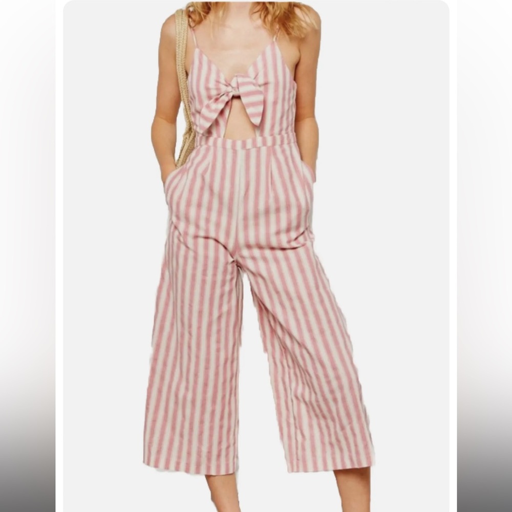 Striped Linen-Blend Cutout Wide Leg Jumpsuit